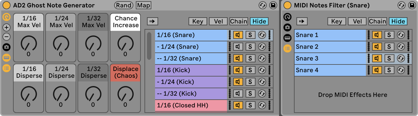 MIDI Notes Filter rack inside Ghost Note Generator